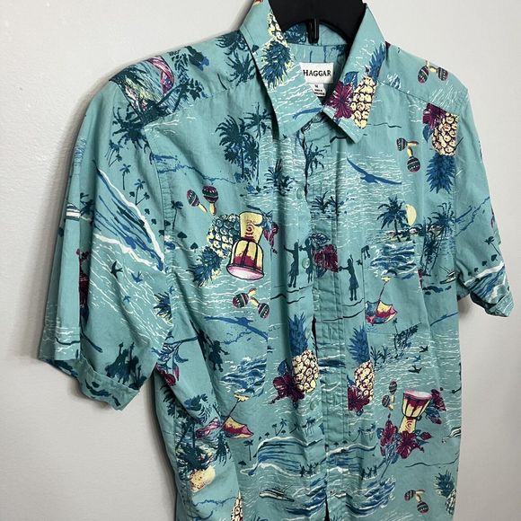 Haggar Mens Shirt Hawaiian Medium Blue Short Sleeve Button Down Pineapple Floral - Picture 2 of 6